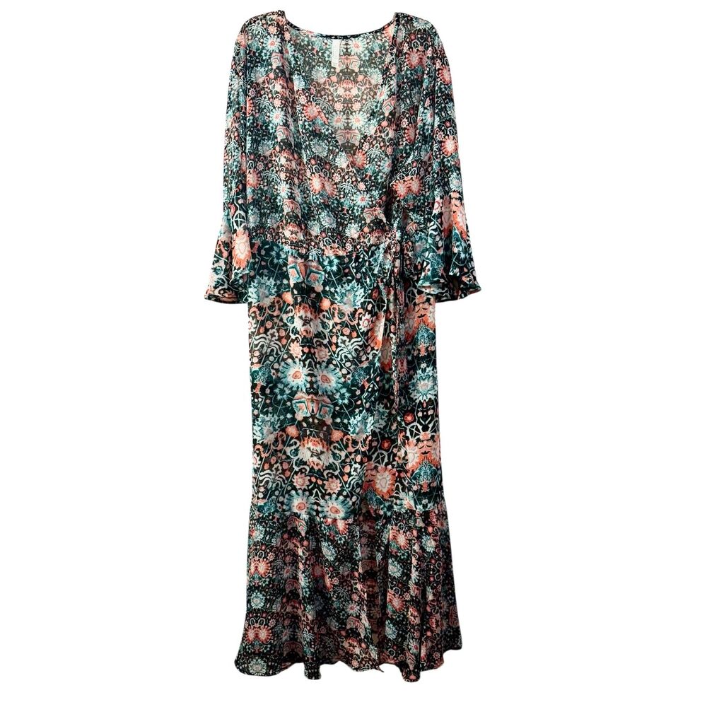 CACIQUE SWIM Cover-Up Boho Floral Pattern Semi-Sheer Robe Maxi Tie Wrap